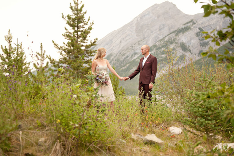 Bride and groom at their Spray Lakes engagement session captured by Tara Whittaker Photography