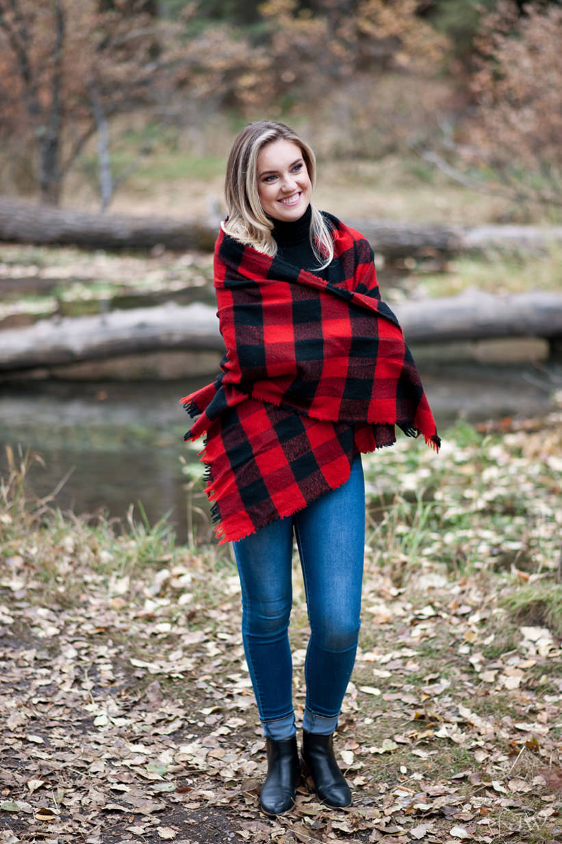 bride wears a colourful scarf during her Big Hill Springs engagement session